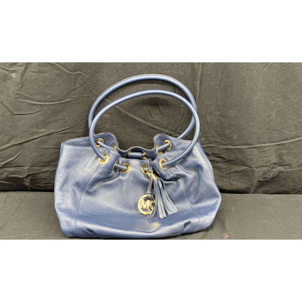 Michael Kors Camden Navy Blue Leather Drawstring Hobo Shoulder Bag Tassel